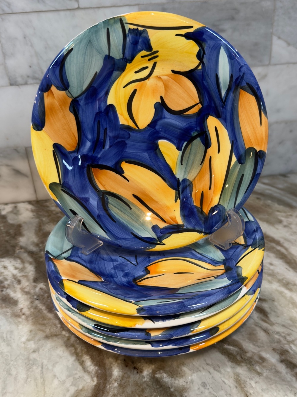 5 Pier 1 Italy Hand Painted 8” Salad Dessert Plates Blue Yellow Set of 5